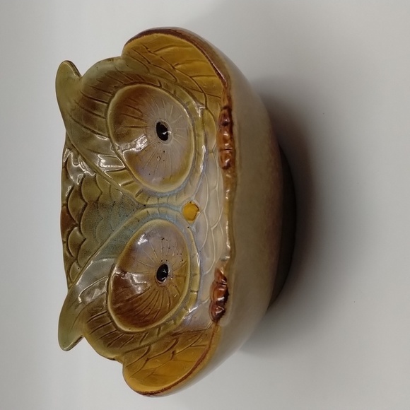 Ceramic Owl Shape Bowl 7.5 x 9.5 x 2.5 tan and blue serving bowl - Picture 3 of 8